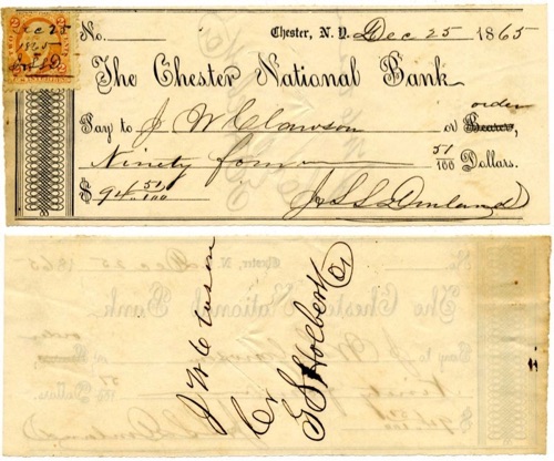 The Chester National Bank check. 1865-12-25. chs-007438